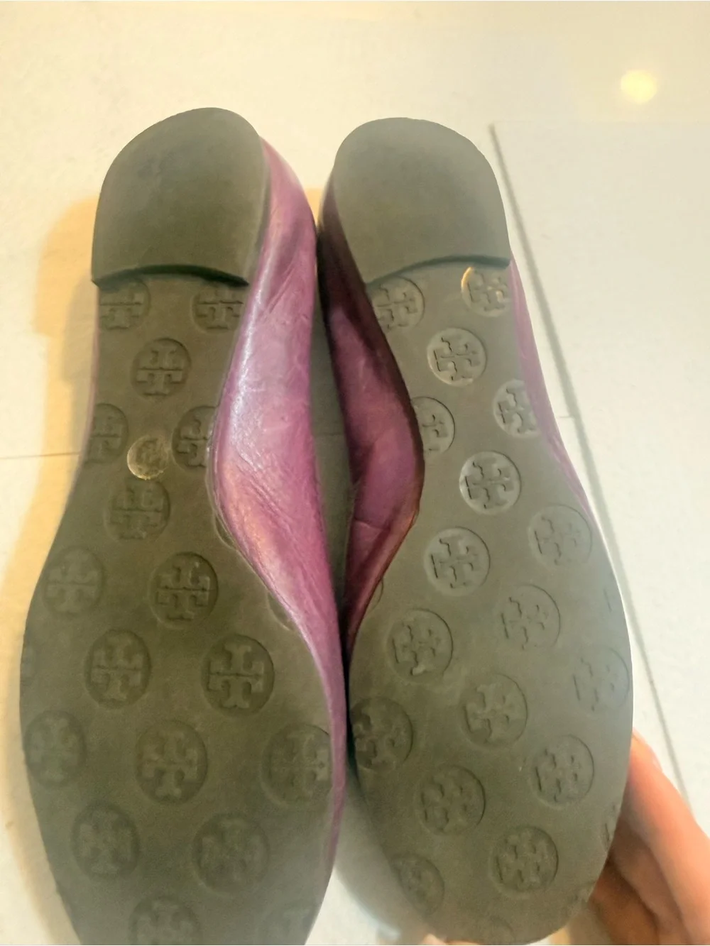 Tory Burch Plum Leather Logo Ballet Flats with Gold Medallions